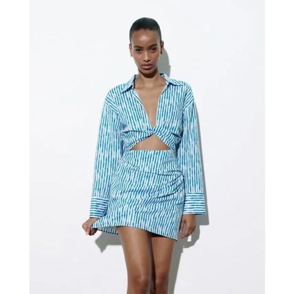 ZARA Striped Knot Cut Out Mini Dress Linen Blend Long Sleeve Blue/ White NWT - Picture 13 of 14